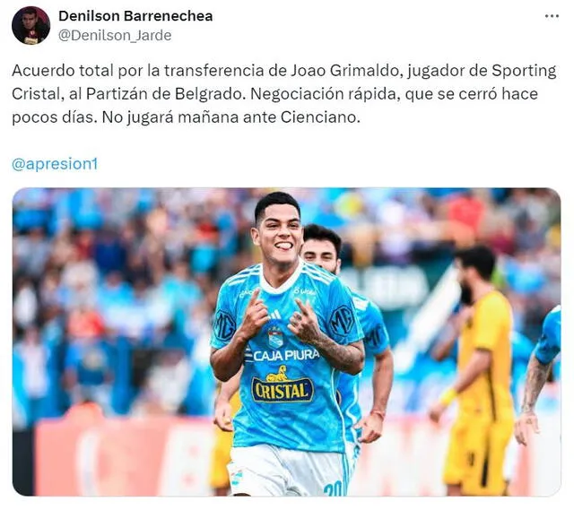 ¿Joao Grimaldo vendido por Sporting Cristal al Partizán de Belgrado?