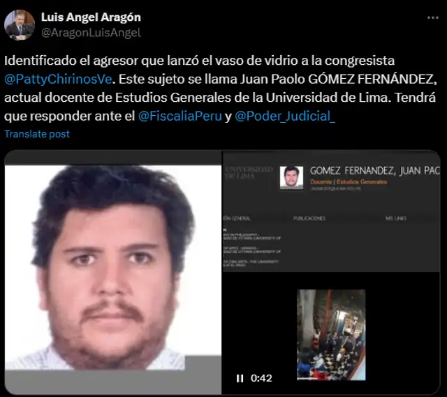 Juan Paolo Gómez Fernández fue identificado como el agresor de la congresista Patricia Chirinos.