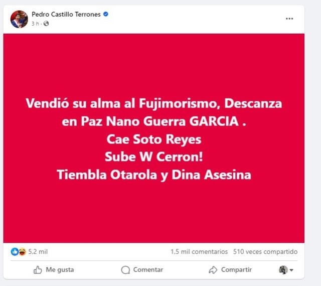 Pedro Castillo remece redes sociales tras controversial mensaje por muerte de Hernando Guerra García.   