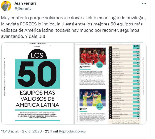 Jean Ferrari felicitó a la U por reconocimiento de Forbes. / Fuente: "X".   