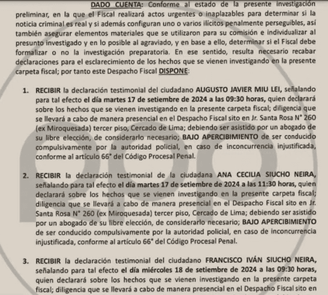 Ana Siucho es citada por la Fiscalía.