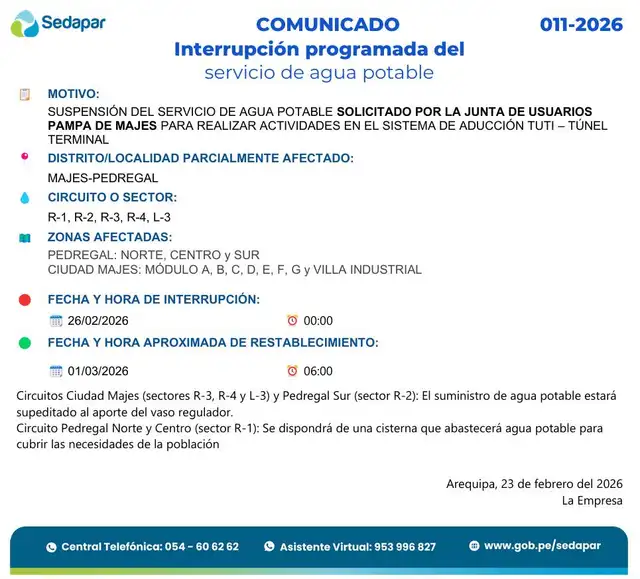 <strong> Sedapar anunció corte de agua en Arequipa entre el 26 de febrero y el 1 de marzo</strong>   