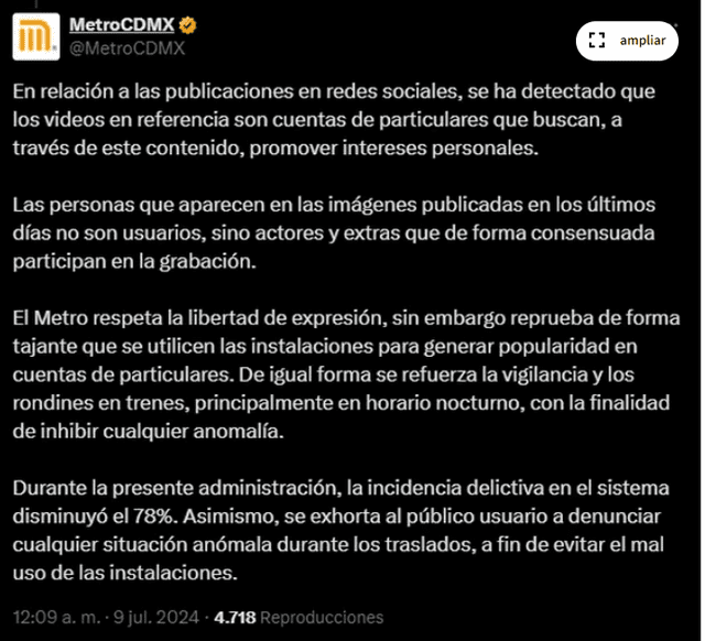 Metro de la CDMX reprueba grabación de video de Luna Bella teniendo intimidad y tomará acciones.