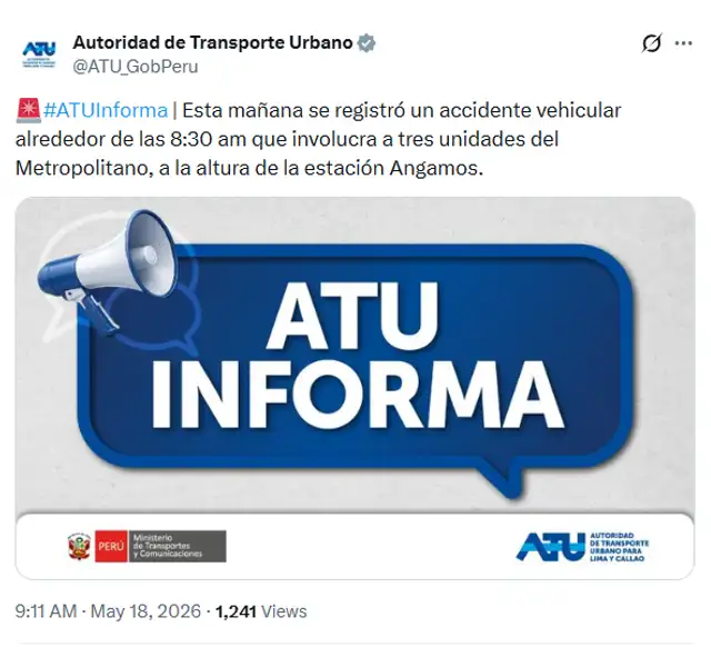 ATU se pronuncia ante triple choque de buses del Metropolitano. ATU se pronuncia ante triple choque de buses del Metropolitano.