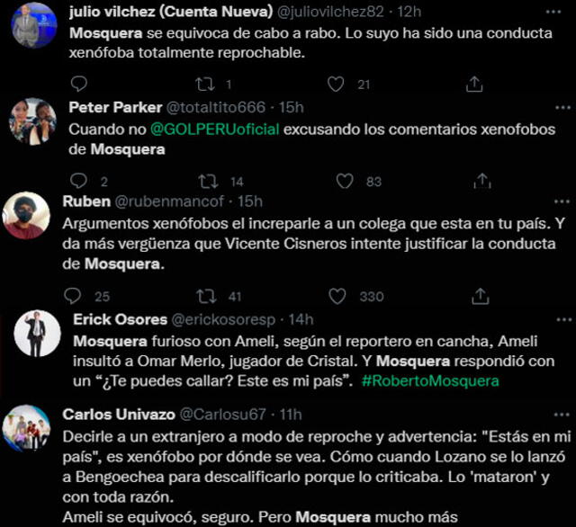 Periodistas e hinchas condenan el comportamiento de Roberto Mosquera. | FUENTE: Twitter.   