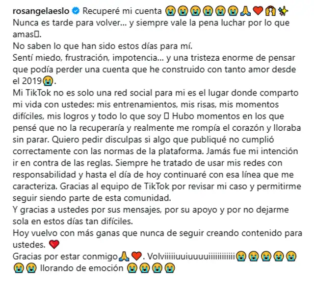 Rosángela Espinoza sorprendió al reaparecer y confirmar que ya ha podido recuperar su cuenta de TikTok.