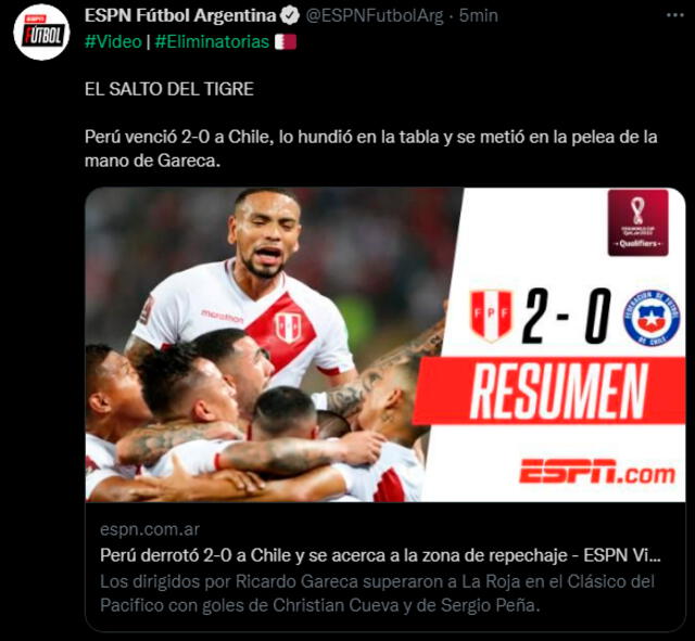 ESPN Argentina abordó la victoria de Perú sobre Chile en las Eliminatorias Qatar 2022. | FUENTE: Twitter.   