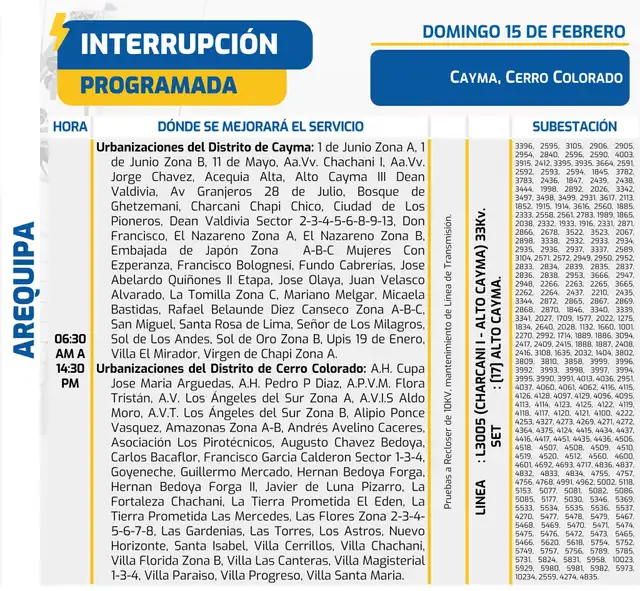 Seal anuncia corte de luz durante el 15 de febrero en Arequipa.
