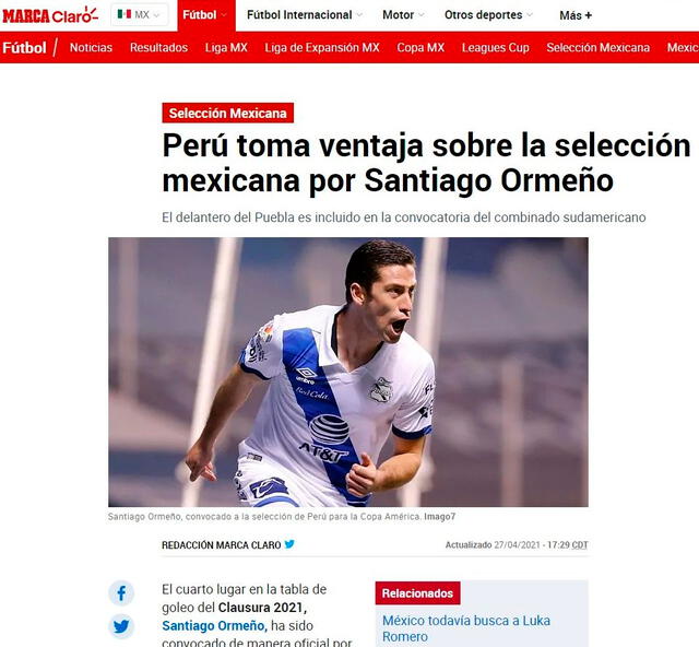 Santiago Ormeño convocado para Perú: FOTO: Marca México.   