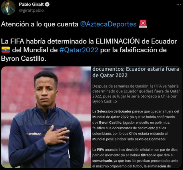 Pablo Giralt, periodista reconocido en Sudamérica, replicó la noticia sobre Byron Castillo.   