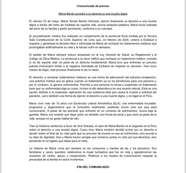 María Benito - Comunicado de Prensa. 