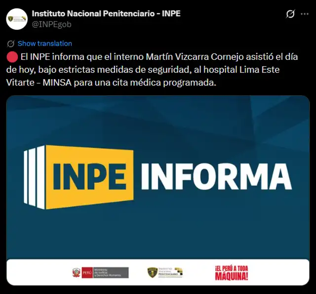 INPE informa sobre el traslado de Vizcarra al Hospital de Ate.