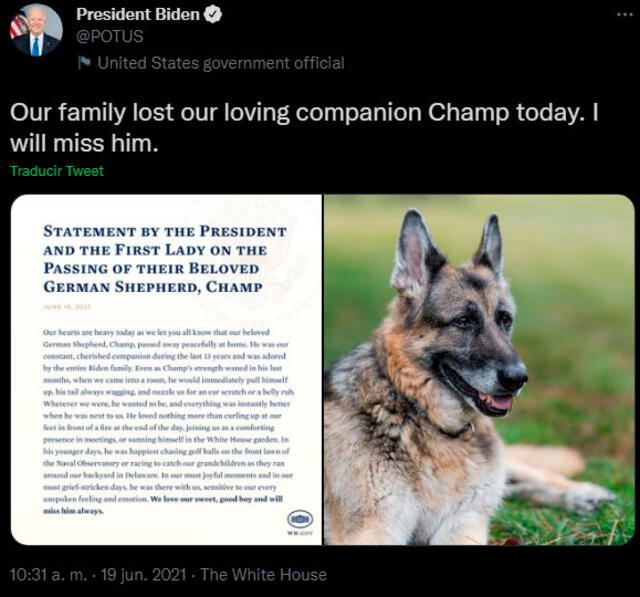 Mensaje de la familia presidencial Biden por la muerte de su perro Champ. | FUENTE: Twitter.   