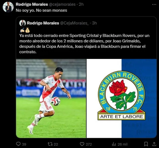 El periodista Rodrigo Morales desmintió la información sobre la presunta venta de Joao Grimaldo al Blackburn Rovers.