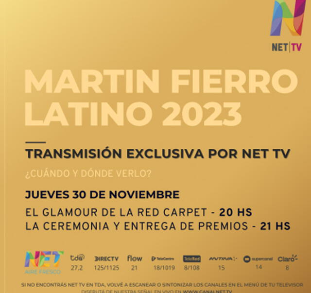 Premios Martín Fierro 2023 se transmitirá por Net TV.