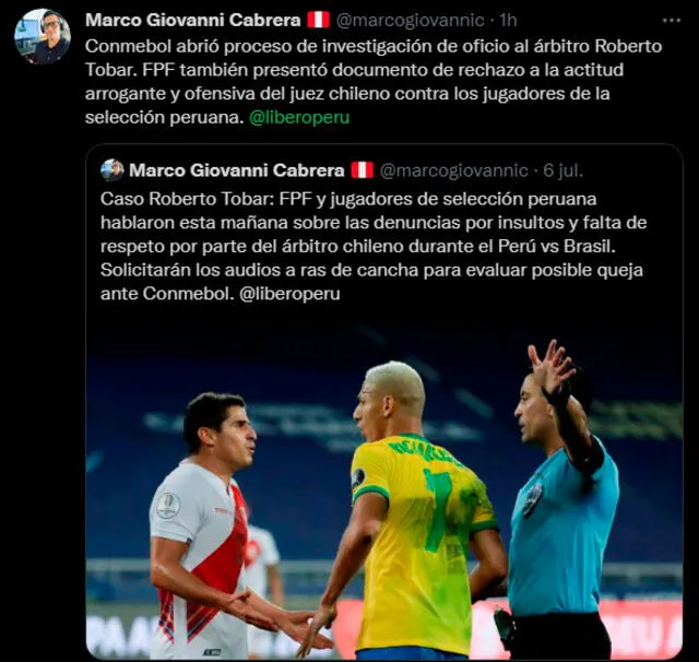 Árbitro Roberto Tobar tuvo mala conducta con los jugadores. | FUENTE: Twitter.   