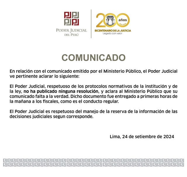 El Poder Judicial responde el comunicado emitido por el Ministerio Público.