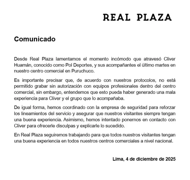 Comunicado de Real Plaza sobre Cliver Huamán. Foto: Real Plaza Comunicado de Real Plaza sobre Cliver Huamán. Foto: Real Plaza