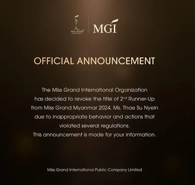 Comunicado de Miss Grand International.  