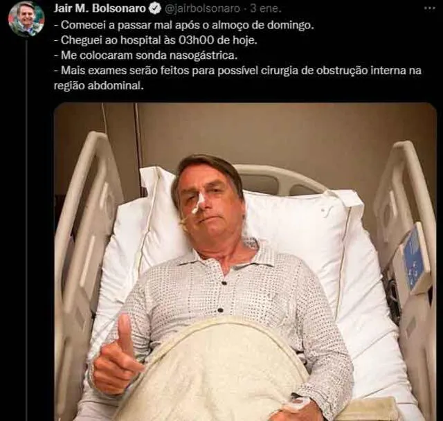 Jair Bolsonaro publicó en sus redes sociales la situación de su salud. - FUENTE: Twitter.   