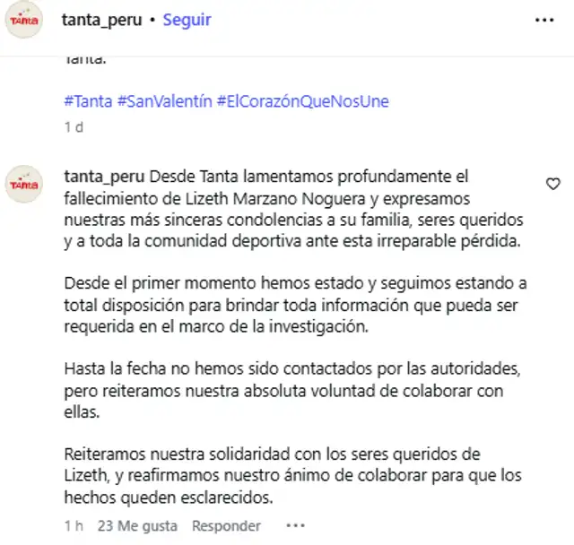 <em>Tanta se pronuncia sobre caso de Lizeth Marzano. Captura: Instagram</em> <em>Tanta se pronuncia sobre caso de Lizeth Marzano. Captura: Instagram</em>