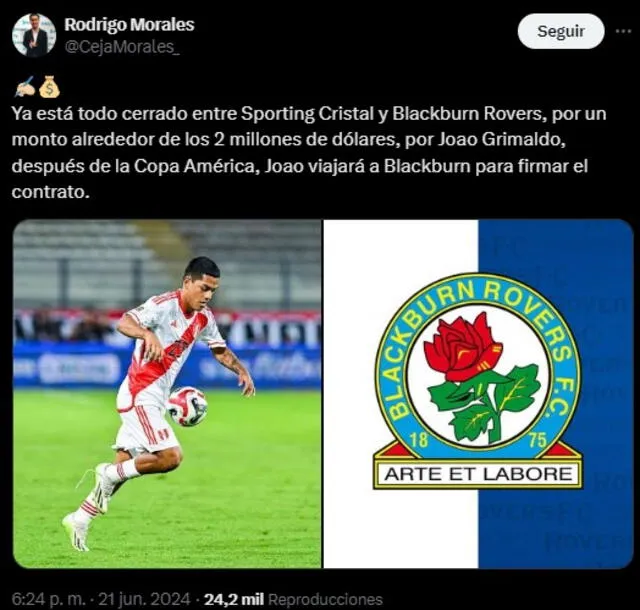 ¿Joao Grimaldo fue vendido al Blackburn Rovers de Inglaterra por Sporting Cristal?