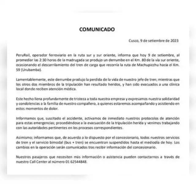 Suspenden operaciones ferroviarias camino a Machu Picchu hasta el mediodía. Fuente: PeruRail   
