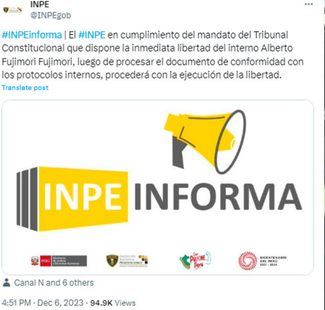 INPE confirma la liberación del expresidente Alberto Fujimori.