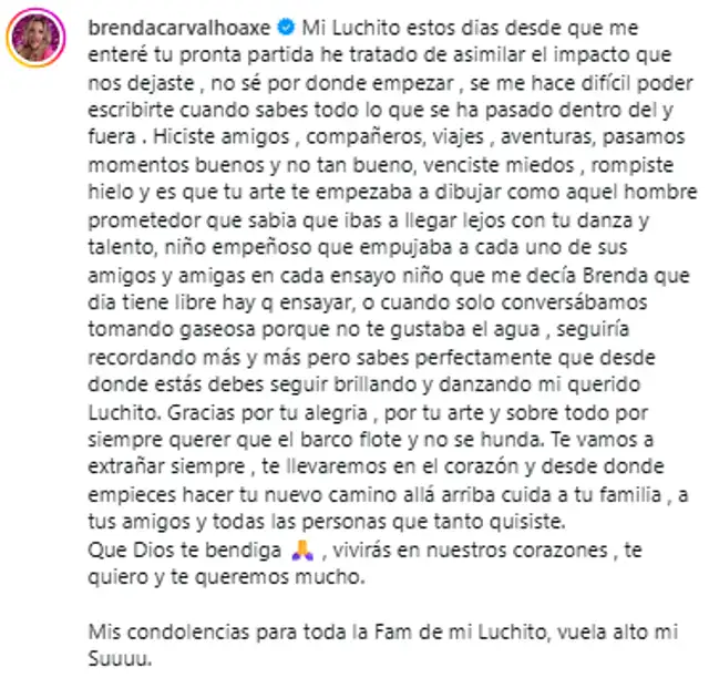 Brensa Carvalho confiesa que no puede asimilar la muerte de su joven bailarín.