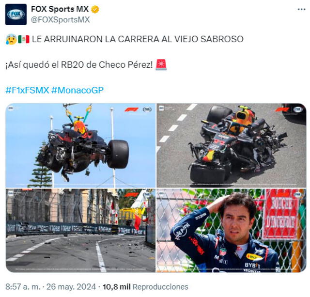 Checo Pérez sufrió accidente en GP de Mónaco. / Foto: X.   