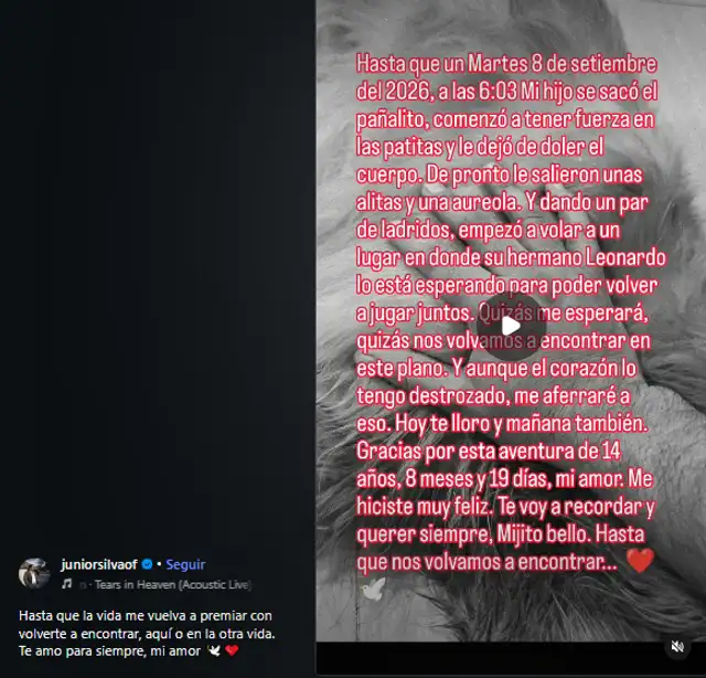 Junior Silva dedica un mensaje a su mascota que falleció.