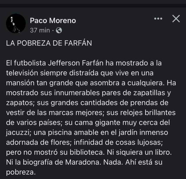 La crítica a Jefferson Farfán. / FUENTE: Facebook.   