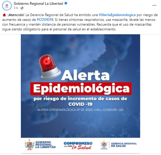 <em>Gobierno Regional de La Libertad compartió la Alerta Epidemiológica. Captura: Facebook </em>   