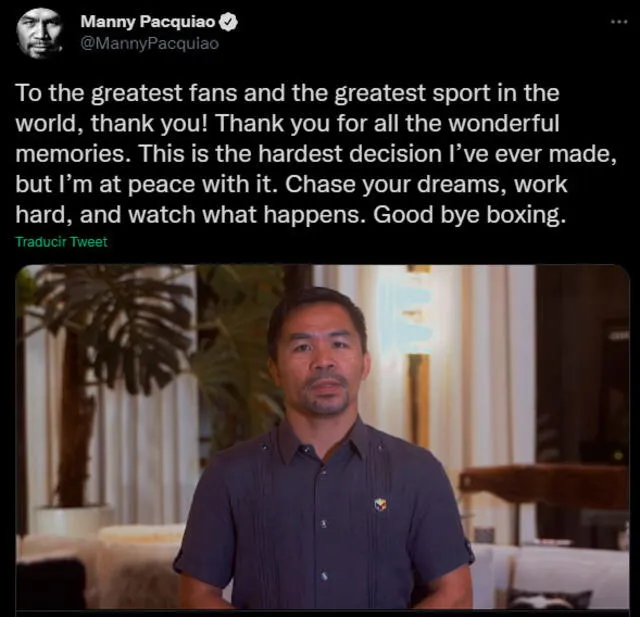 Manny Pacquiao se pronunció en sus redes sociales para decirle adiós al box. | FUENTE: Twitter.   