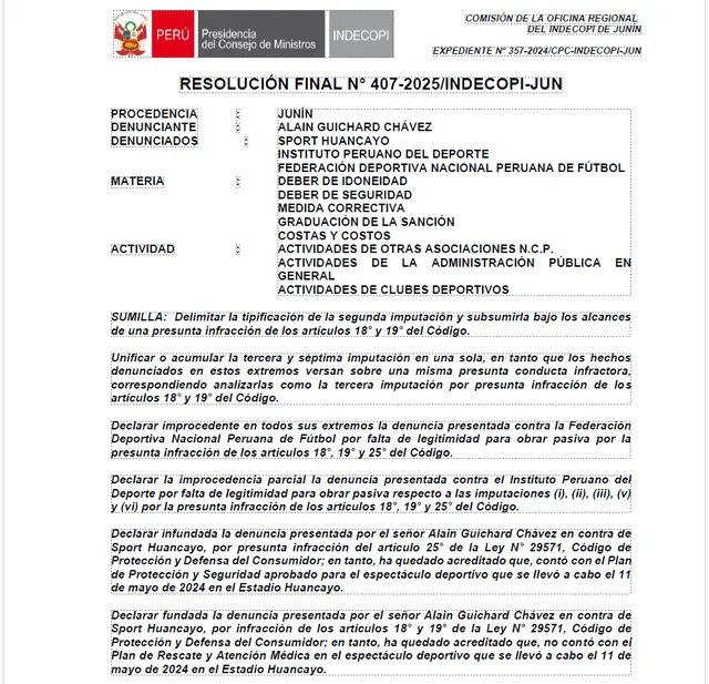 Resolución de la Comisión de la Oficina Regional de Indecopi. Foto: Indecopi 