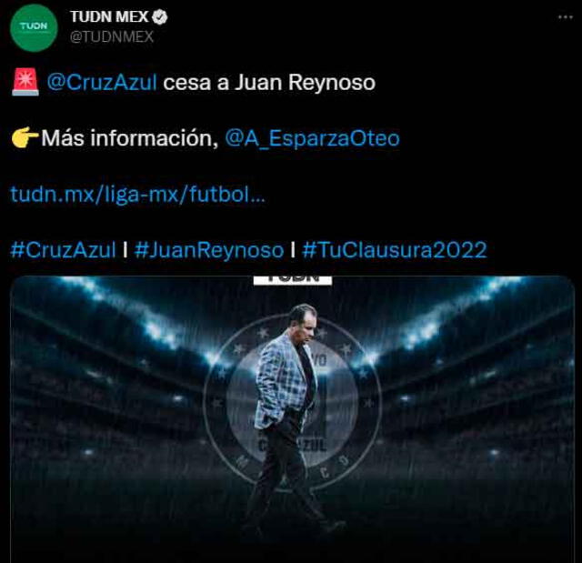 El medio TUDN de México también replicó la noticia sobre Juan Reynoso. / FUENTE: Twitter.   