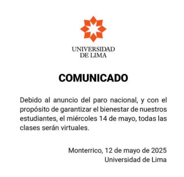 Universidad de Lima se suma a la suspensión de clases para este 14 de mayo.