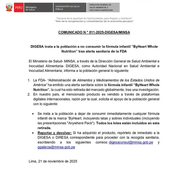 Comunicado del Minsa sobre el consumo de la fórmula infantil Comunicado del Minsa sobre el consumo de la fórmula infantil