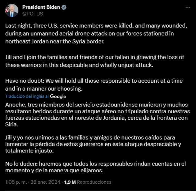 Joe Biden se pronunció en Twitter.    