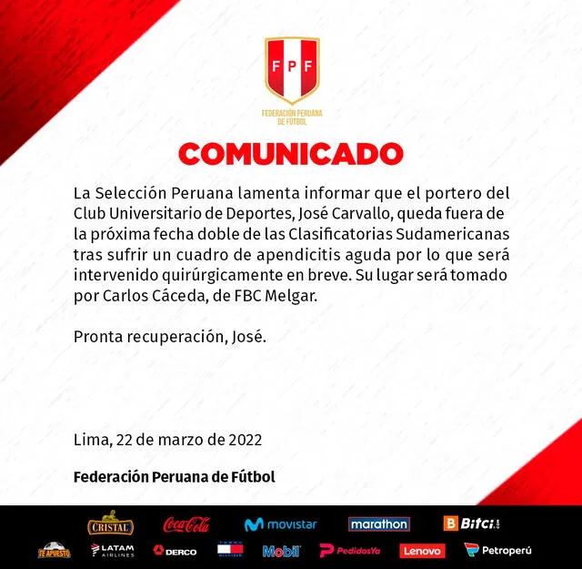 El comunicado de la selección peruana por baja de José Carvallo. - FUENTE: FPF.   