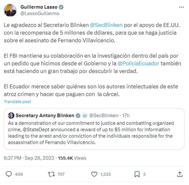 Mensaje de agradecimiento del presidente ecuatoriano Guillermo Lasso | Foto: Twitter.   