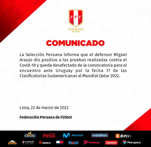 El comunicado de la selección peruana por la baja de Miguel Araujo. - FUENTE: FPF.   