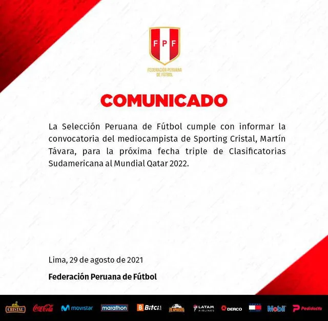 El comunicado de la selección peruana para confirmar la convocatoria de Martín Távara. | FUENTE: Twitter.   