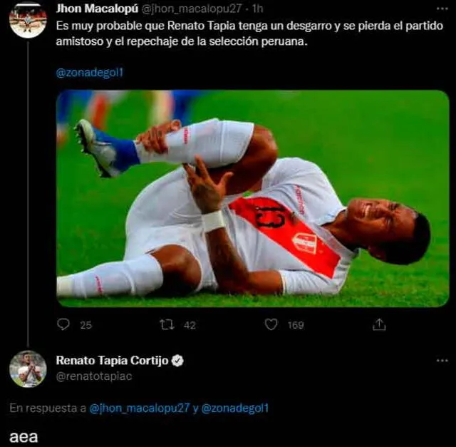 Renato Tapia respondió a su supuesta lesión. / FUENTE: Twitter.   