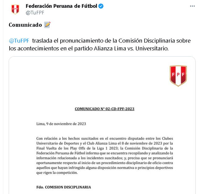 Comunicado de la Comisión Disciplinaria de la FPF    