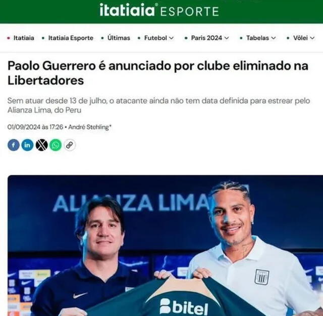 Medio brasileño sobre el fichaje de Paolo Guerrero en Alianza Lima. Foto: Captura de pantalla