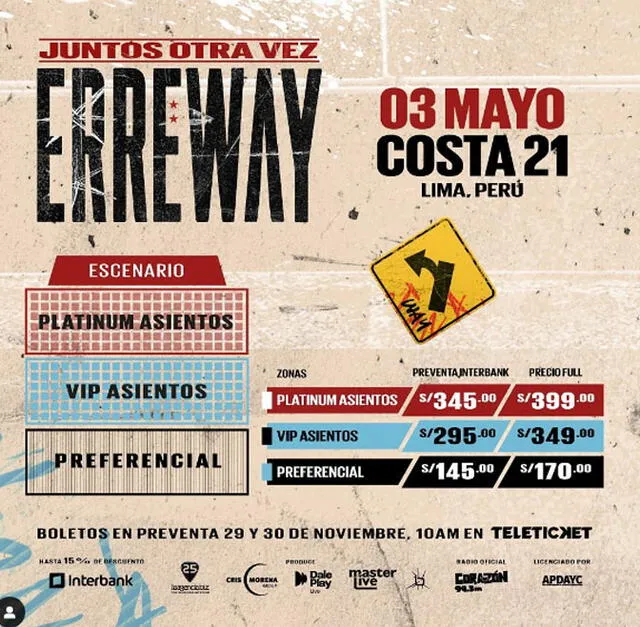 Precios de las entradas para el concierto de Erreway 2025.  