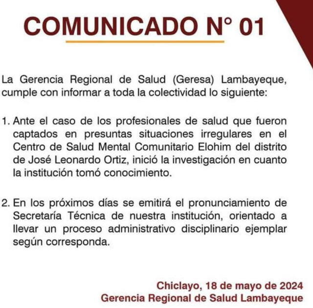 Autoridades toman medidas sobre profesionales en centro de Chiclayo. 
