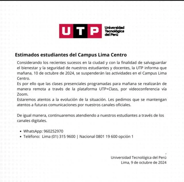 UTP suspende sus clases este jueves 10 octubre por el paro de transportistas solo en Lima Centro.