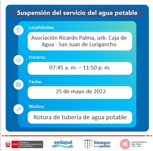  Sedapal anuncia la suspensión del servicio de agua en SJL.   